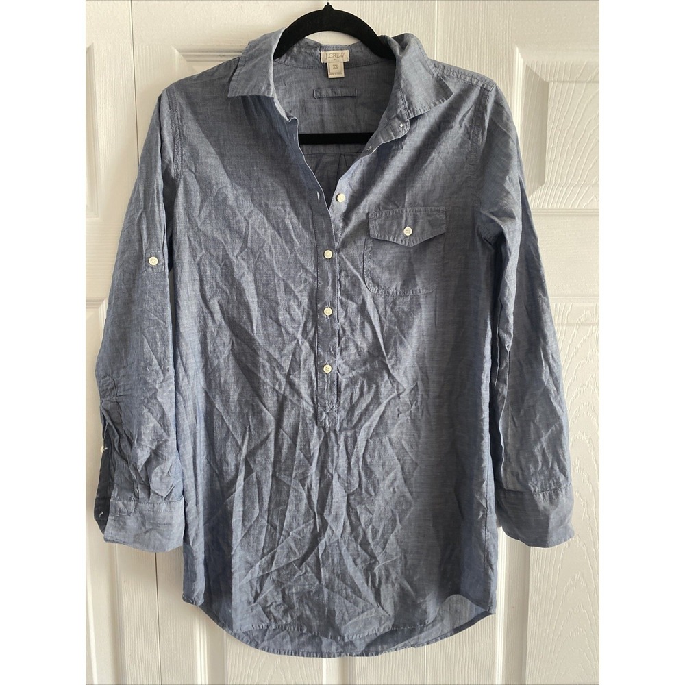 J. Crew Chambray Popover Shirt Womens Size XS Blue Roll Tab Sleeve Cotton Tunic